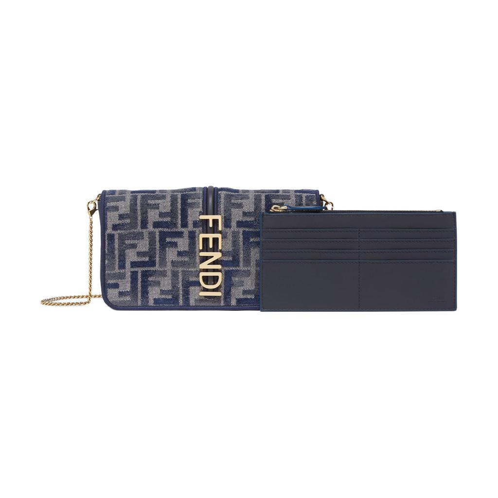 Fendi graphy Gold-Plated Detachable Thin Chain Shoulder Strap FF Pattern Calfskin Wallet Women wallet Dark-Blue 8BS076ASU0F1PQK