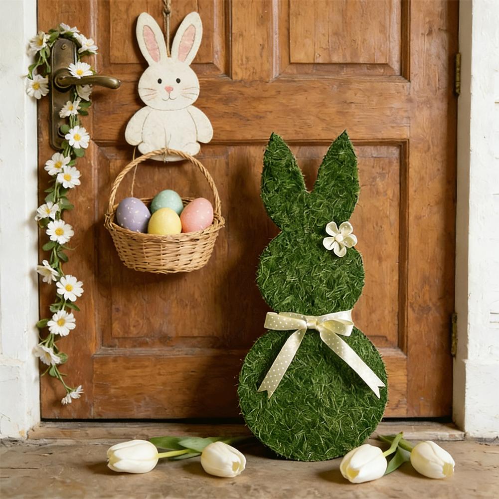 Easter Bunny Decoration Easter Bunny Door Sign Wooden Wreath with Hanging Welcome Bow Farmhouse Rabbit Decor Artificial D0W8