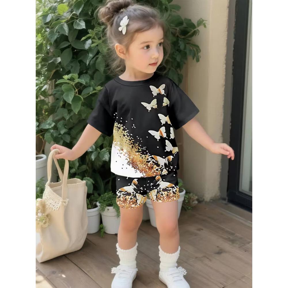 2-Piece Summer Children's Comfortable Cute Butterfly 3D Print Short Sleeve Shorts Set for Boys and Girls Casual Home Outdoor Set