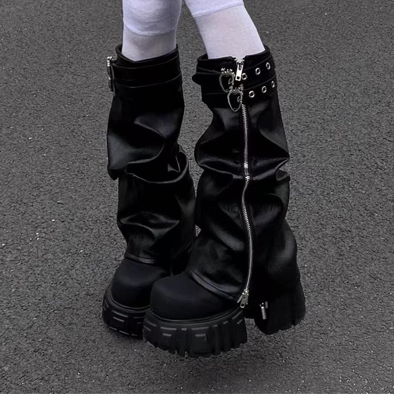 Fashion Platform Women Knee High Boots Flats High Heels Designer Shoes Dress Fashion Winter Pumps 2025 New Goth Motorcycle Botas Mujer