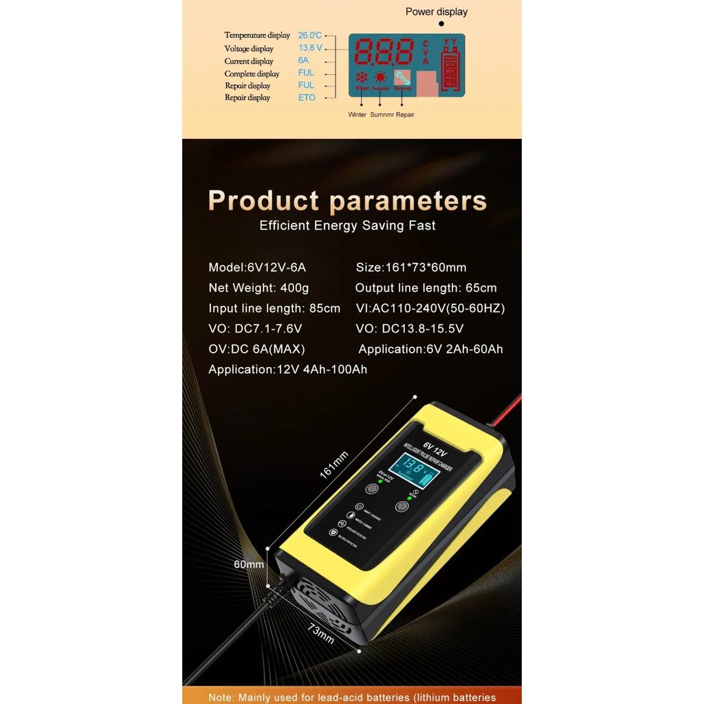 6V/3A 12V/6A Intelligent Car Battery Charger Car and Motorcycle Lead Acid Battery Charger and Smart Pulse Repair Maintainer