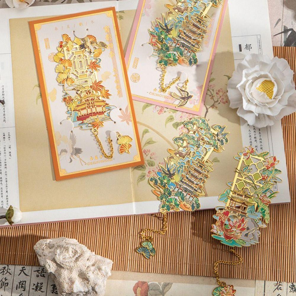 New Metal Metal Bookmarks Painted Pendant Book Clip Tassel Chinese Style Flower Bookmarks Stationery