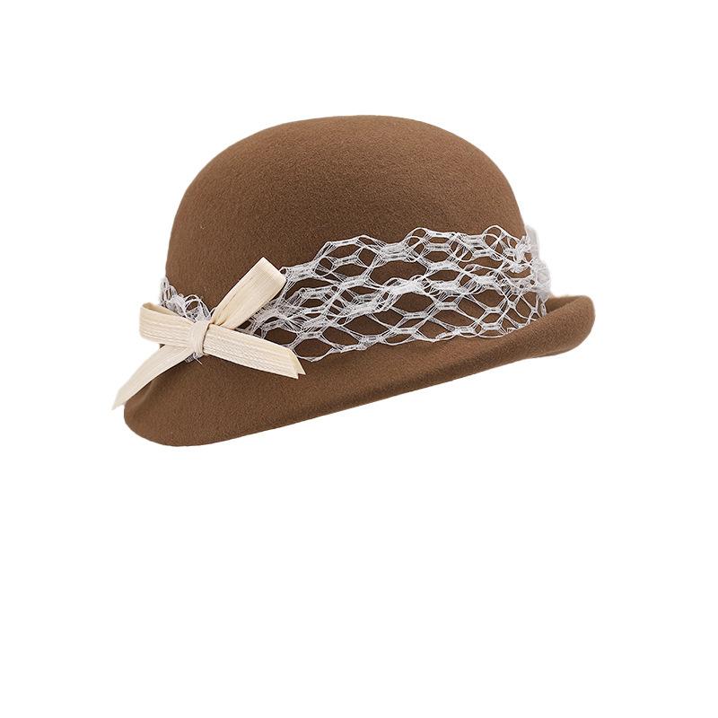 French Celebrity Mesh Ribbon Lampshade Hat Women's Autumn and Winter Wool Top Hat Thousand Gold Bow Basin Hat High Quality Tide