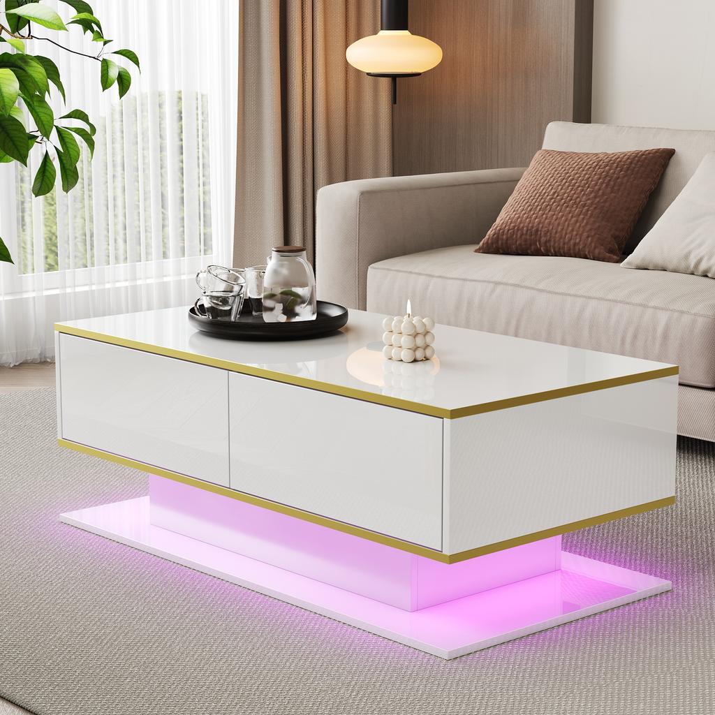 Modern LED Coffee Table with High Gloss, 100 cm Long, Gold Trim, 3 Drawers & USB LED Light Strip (Adapter/Power Bank Required)
