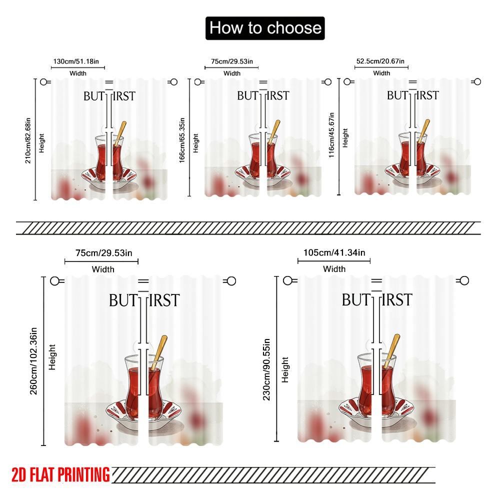 2pcs 2D flat printing Scene Curtain But First Tea Polyester Without Electricity Festive Curtains for Classroom Office