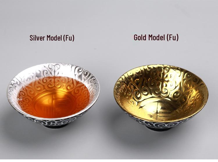Handmade 999 Sterling Silver Gilded Jianzhan Tea Cup with Inlaid Blue and White Mushroom Cap Design for Kung Fu Tea Set.