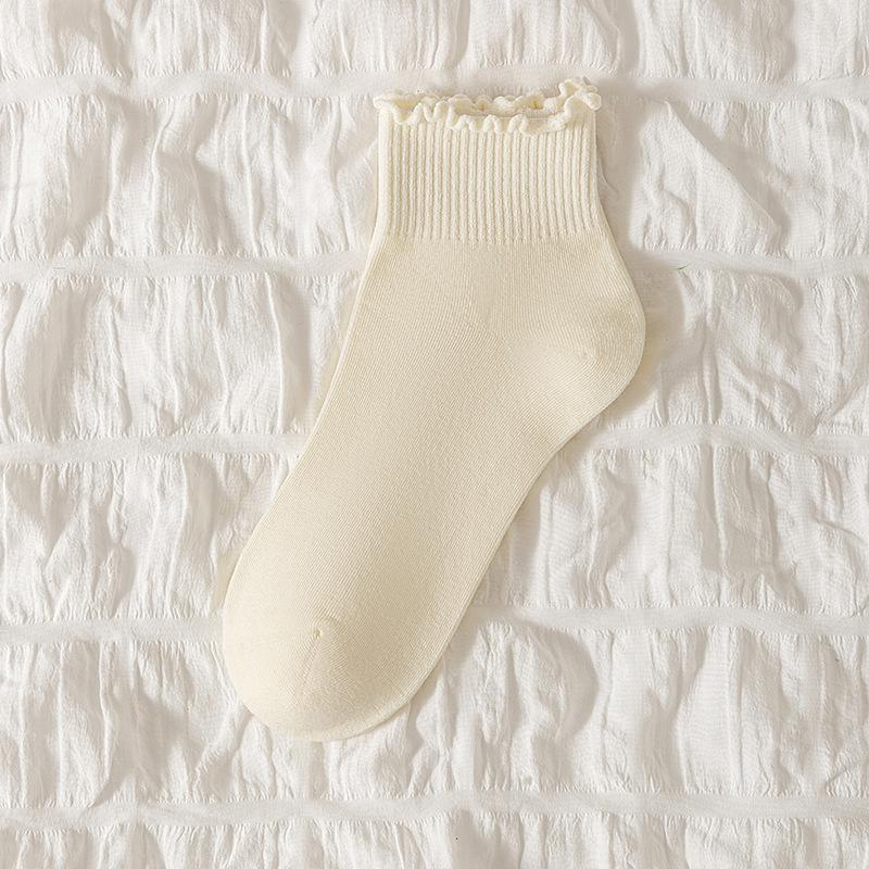 Female Spring and Autumn Sweet Solid Color Wood Ear Lace Medium Tube Cotton Socks