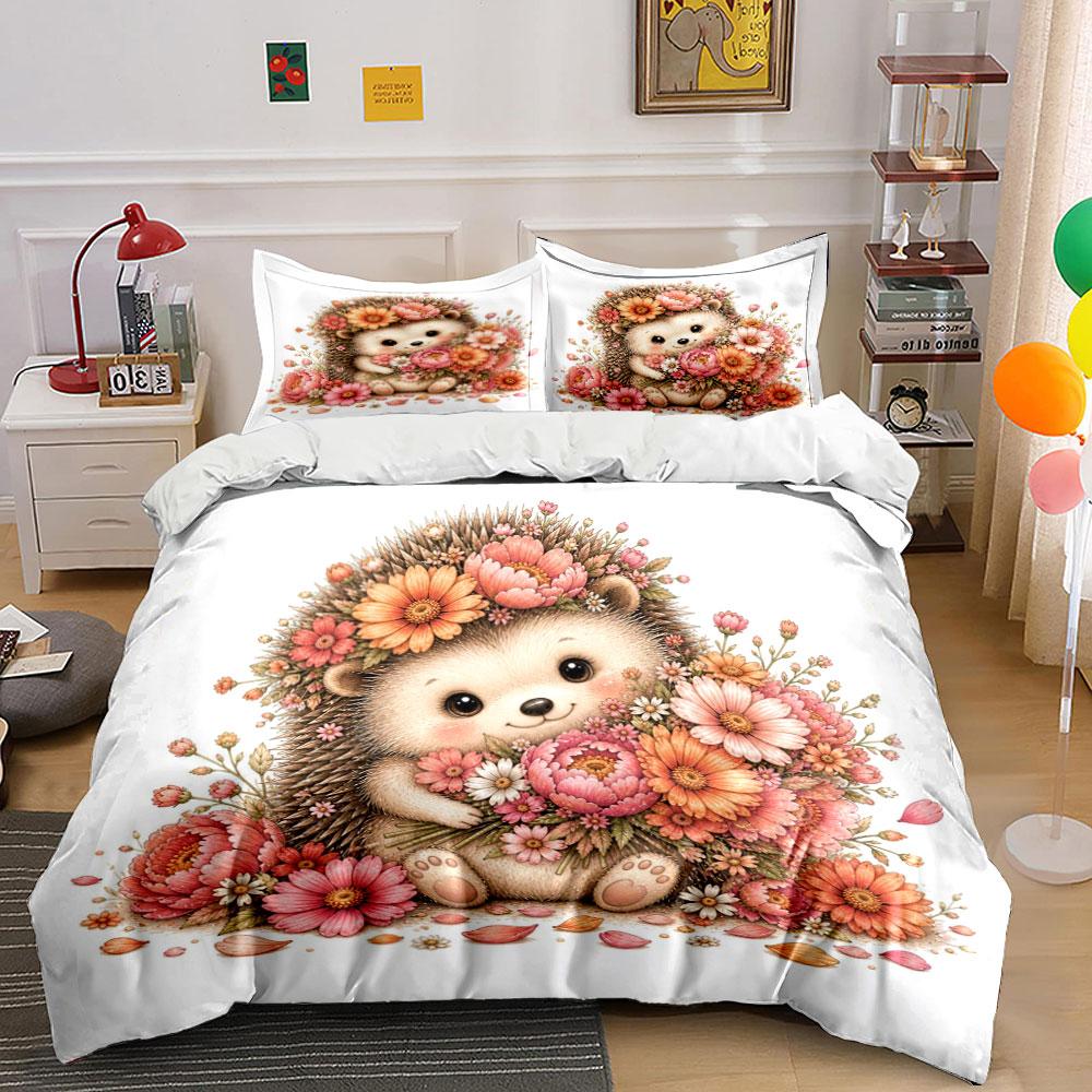 Cute Hedgehog Holding Flowers Duvet Cover Set With 3D Printing Design Soft Polyester Bedding Set All-Season Comfort For Gifts
