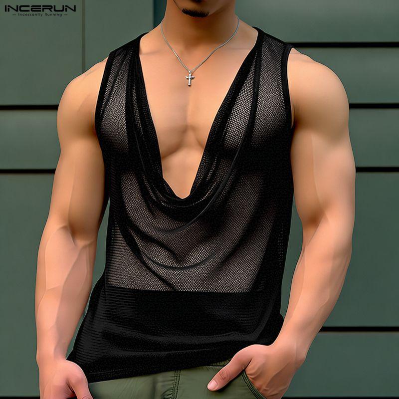 Summer Swing Neck Incerun Men Sleeveless Hollow Out Loose Beach Holiday Tank Tops