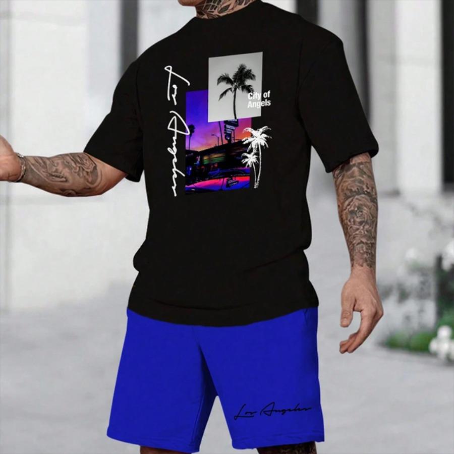 Hawaii European 3D Printed Men's Short Sleeved Fashionable T-shirt Dopamine Beach Casual Shorts Set Soft and Comfortable