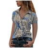 Summer Women's Loose V-neck T-shirt Printed Zipper Short-Sleeved