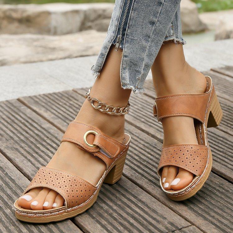 Summer New High-heeled Slippers Women's Thick-heeled Fish Mouth Word Velcro Cool Slippers