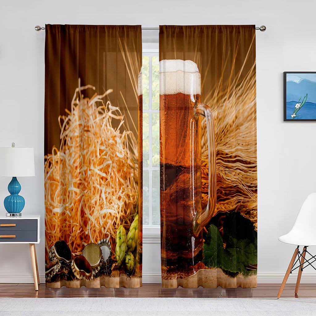 Glasses of Beer and Ale Barrel on Wooden Table Tulle Curtains for Living Room Bedroom Decor Chiffon Sheer Voile Kitchen Curtain