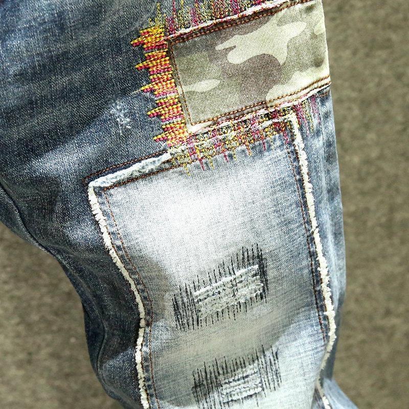 Pantaloni da uomo primaverili con toppe e strappi, jeans casual a vita media e gamba stretta