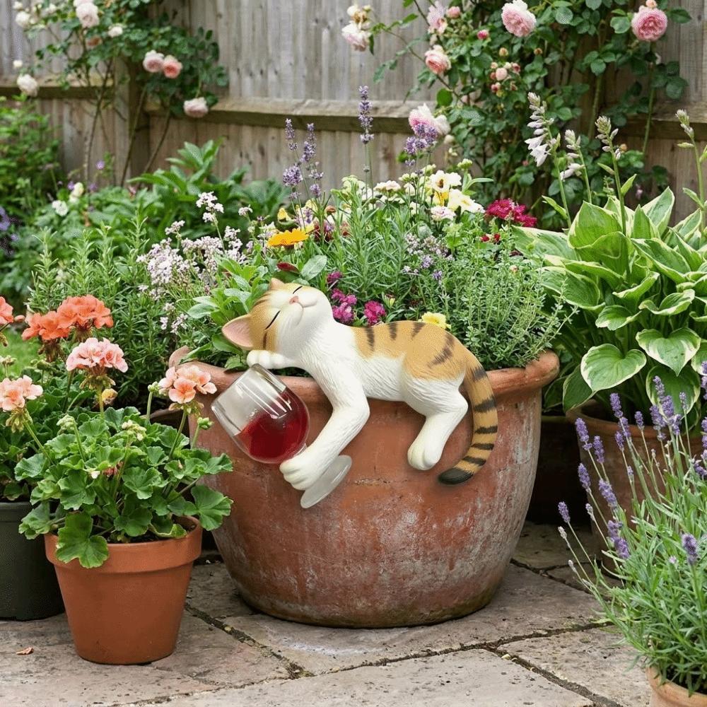 Realistic Cats Holding Red Wine Glass Statue Waterproof Cat Ornament Lying Kitty Ornament Patio