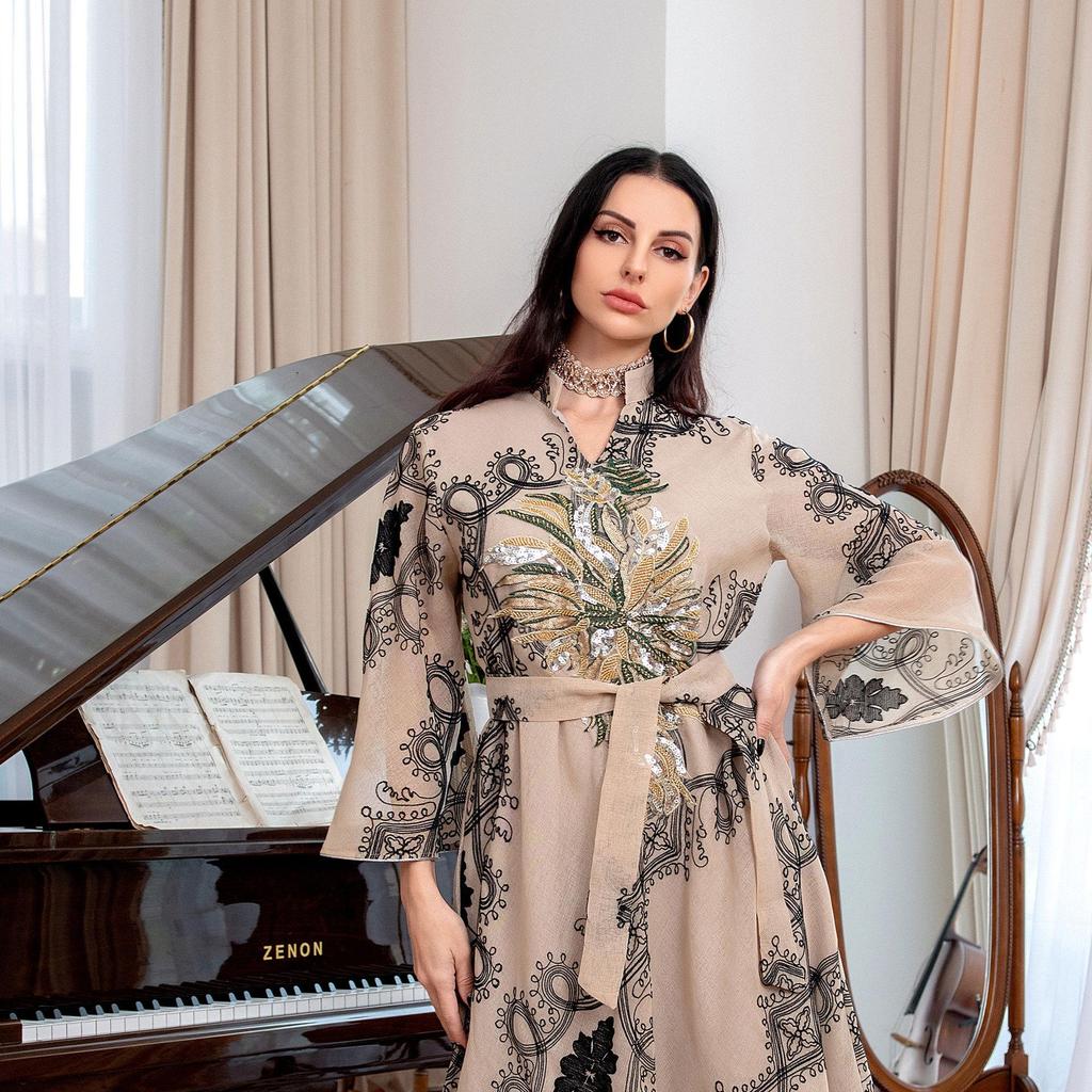 AB114 Middle Eastern Ethnic Style Sequin Burnout Abaya Evening Dress for Women