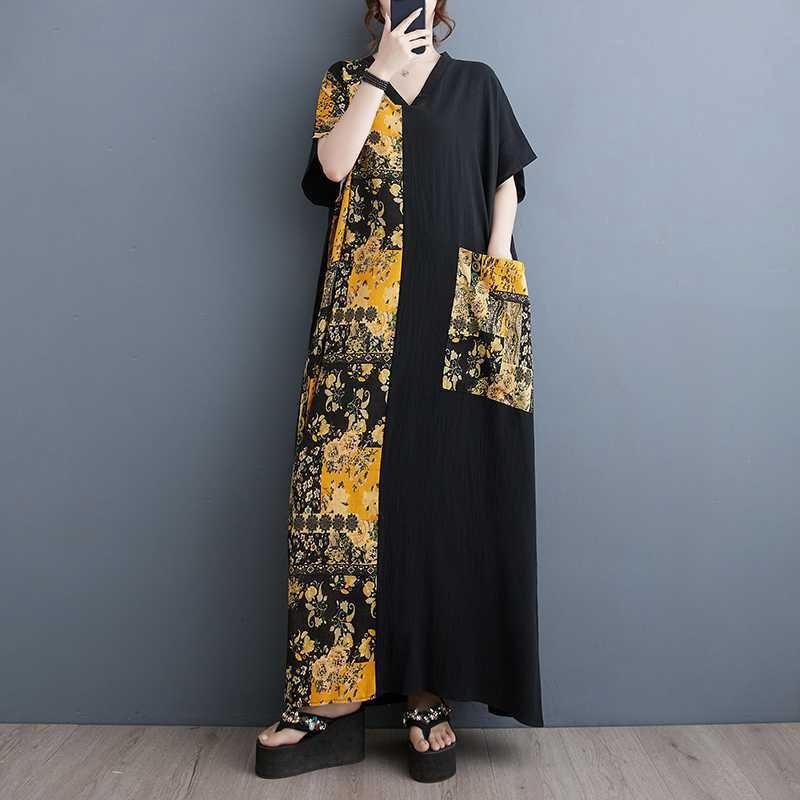 

Women s Summer New Vintage Colorblocking Large Pocket V-Neck Dresses One Size