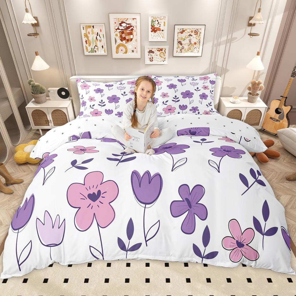 Homewish Cute Groovy Floral Duvet Cover Set for Girls, Vintage Butterfly Flower Bedding Set, Cartoon Blossom Comforter Cover Set