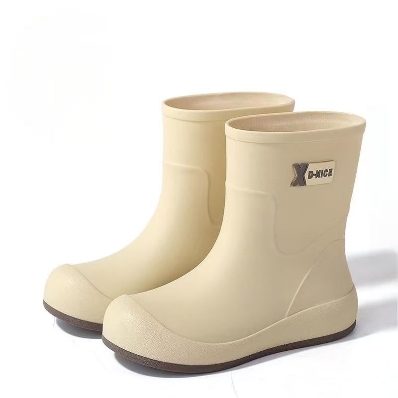 Woman Flat Sole High Top Rain Boots Thick Sole Non slip Round Toe Waterproof Detachable Cotton Cover Keep Warm Work Shoes