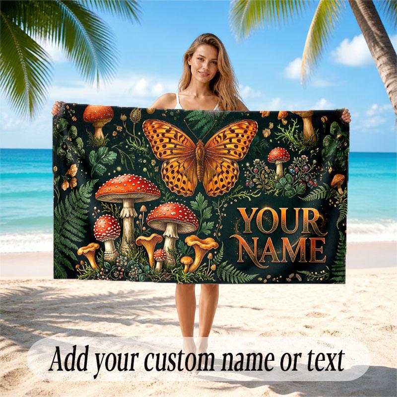 Mushroom Forest Theme Soft Beach Towel Personalized Custom Name Text Towel Portable for Beach Pool Travel