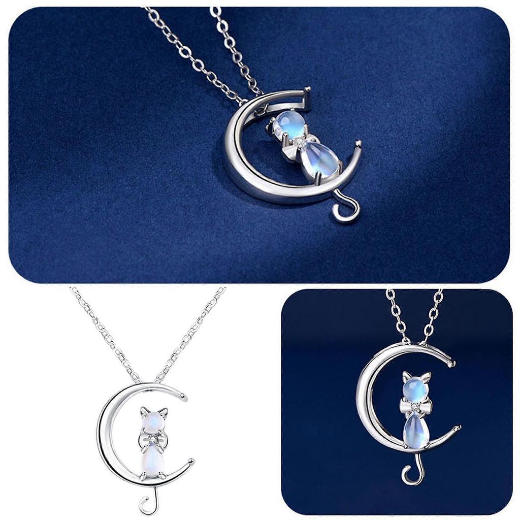 Women Moonstone Cat Pendant Chain Necklace Copper Jewellery