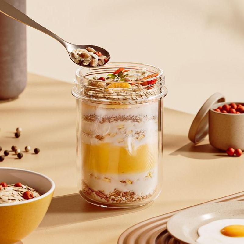 430Ml New Breakfast Cups Oatmeal Cereal Nut Yogurt Salad Cup Leakproof Glass Oats Container With Lid Spoon Food Storage Box