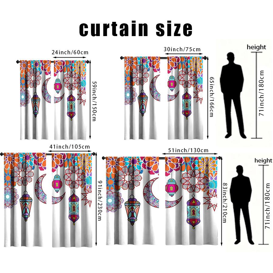2pcs Colorful Moroccan Pattern Lantern & Crescent Curtains Perfect for Ramadan/Eid Window Decor Rod Pocket Curtains