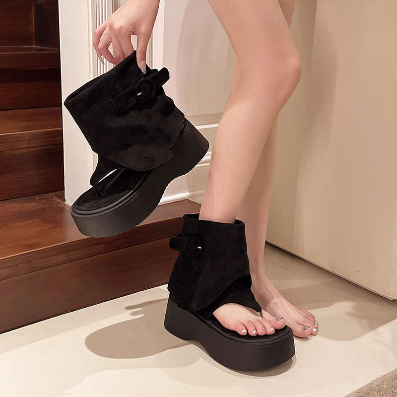 Boots  Summer High-end Toe Cool Boots  Open-toe Stacking Boots Thick-soled Heightening Western Cowboy Short Boots