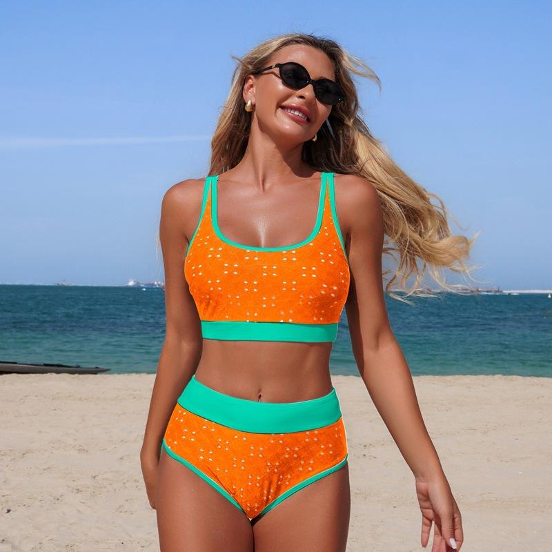 Dámské dvoudílné plavky Color Block s U výstřihem, plavky s vysokým pasem, plážové oblečení, módní bikini