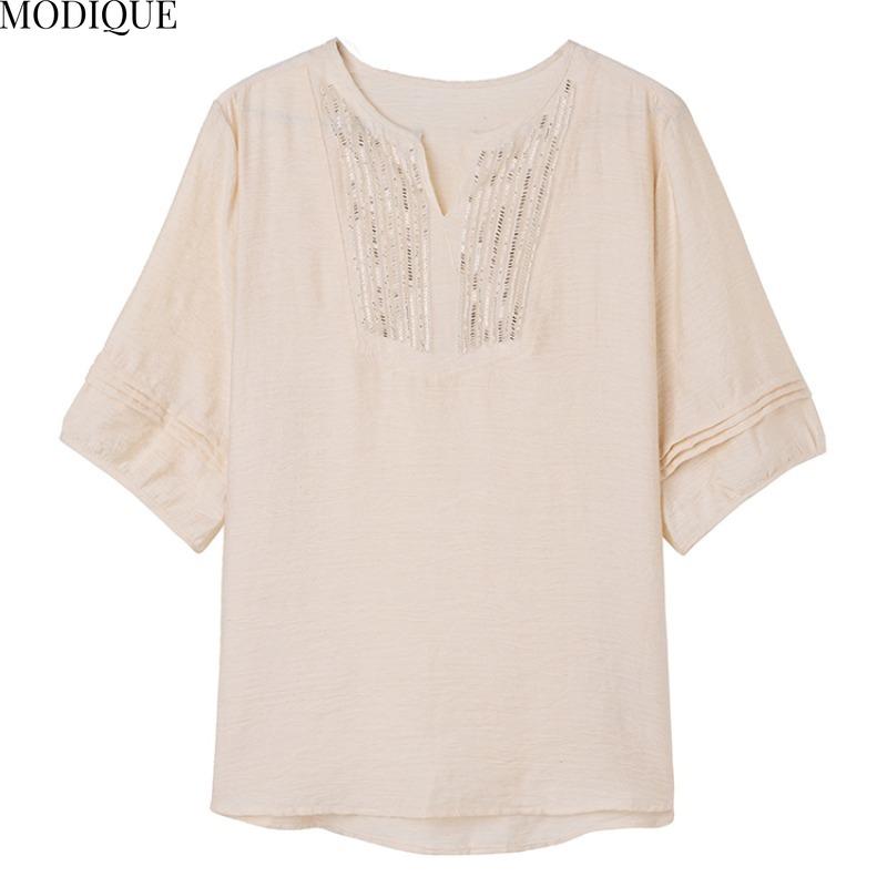 MODIQUE Spring Summer Plus Size New Women Loose Vintage Solid Blouse Shirts Female Casual Oversize Short Sleeve V-Neck Top Office Lady