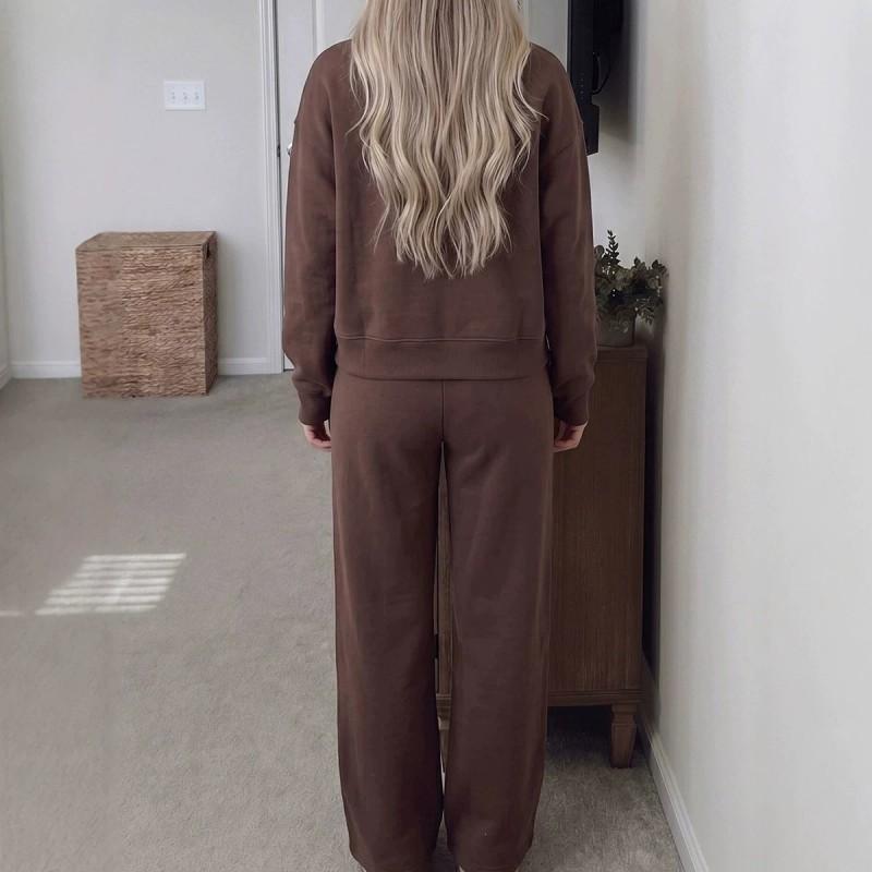 2026 Womens Solid Color Drawstring Casual 2-Piece Set Loose Long Sleeve Hoodie Straight Leg Pants