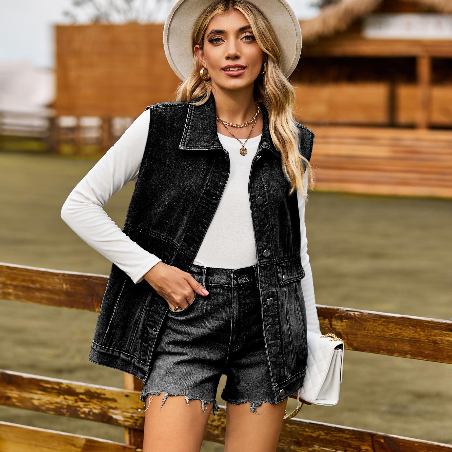 

GMXIA Однотонный джинсовый жилет с принтом, летний модный тренд с воротником-поло, безрукавка из денима для женщин XL