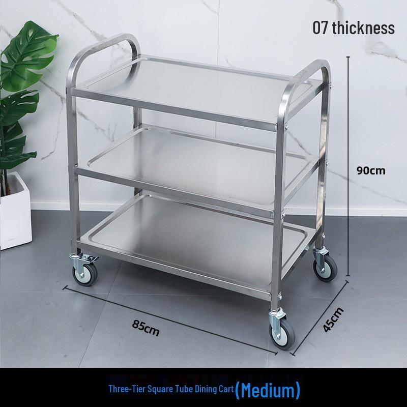 Three-tier Stainless Steel Service Cart: Meal, Food, Beverage, and Dish Collection Trolley for Restaurants and Hotels.
