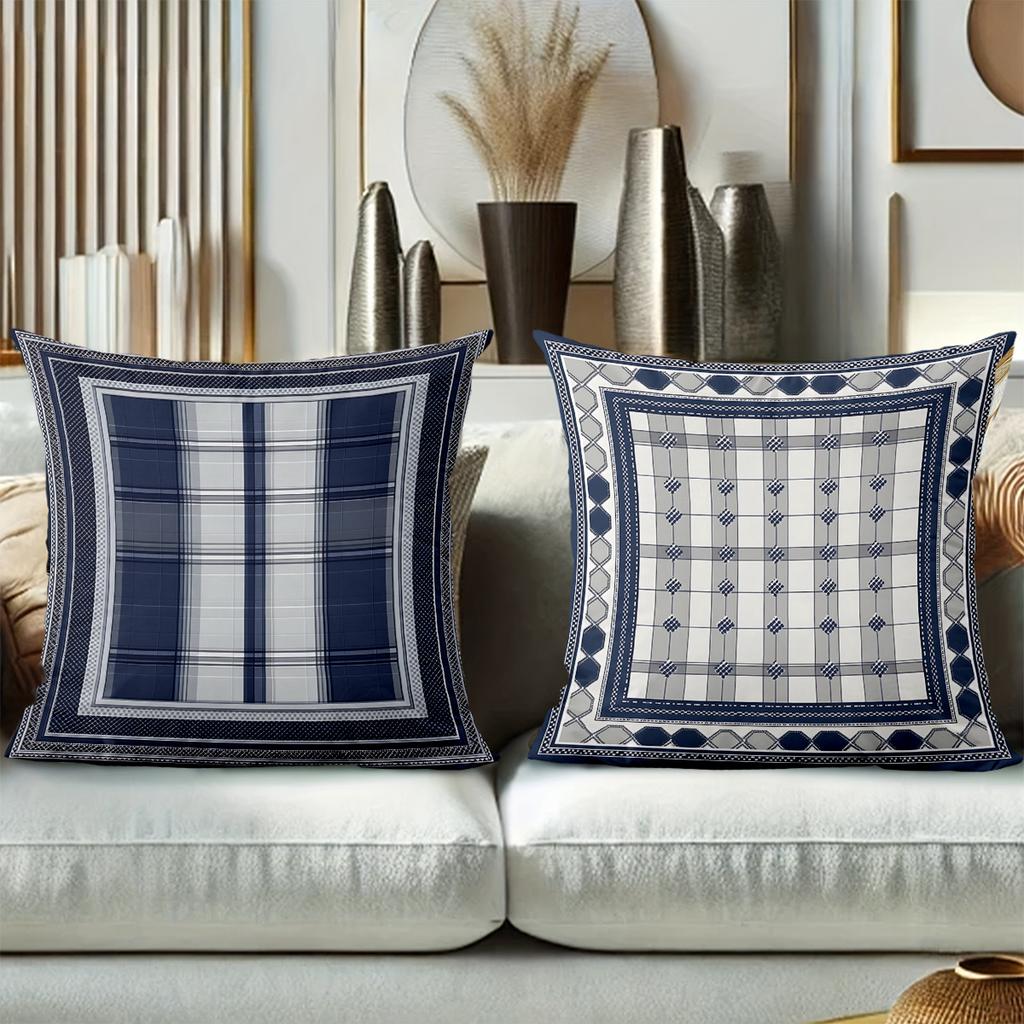 Set Of 4 Navy Grey Plaid Farmhouse Throw Pillow Covers Pattern Cushion Cover Suitable For Sofa Bedroom Car Pillow Cover