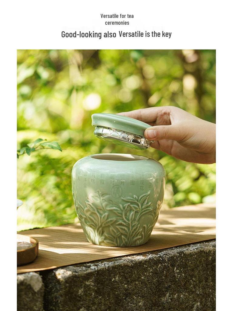 Chinese Embossed Celadon Tea Canister for Longjing, Maojian, Biluochun, Gyokuro, Zhuyeqing - Empty Tea Packaging Box