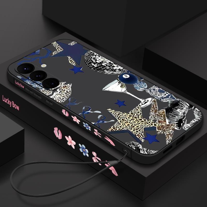 Leopard Star Patterned Phone Case For Samsung Galaxy A17 A56 A36 A55 A26 A16 A15 5G A25 A54 A14 A06 A34 Soft TPU Lanyard Cover