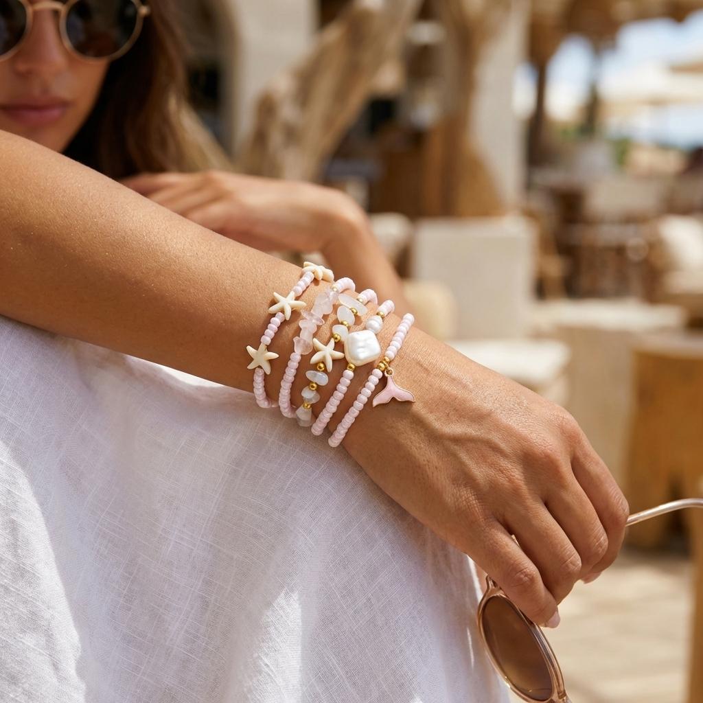 Boho Mermaid Tail Beaded Bracelet Set for Women Irregular Stone Starfish Imitation Pearl Elastic Bracelets Vacation Jewelry Gift