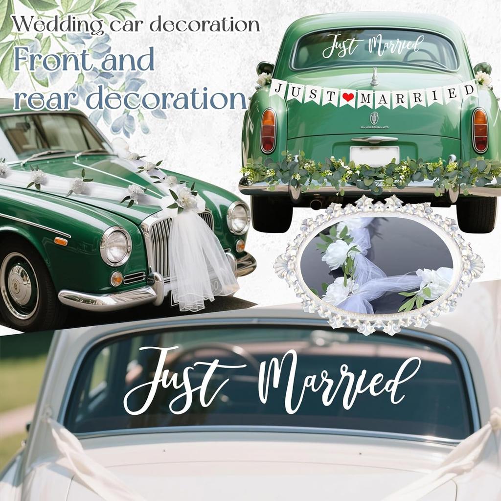 Just Married Car Decorations Kit Wedding Car Decor with Artificial White Roses Banner Flower Vine Tulle Ribbon Sign Stickers Getaway Car Accessories