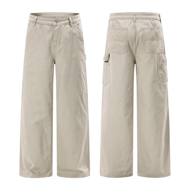American Retro Trendy Brand Washed Logging Overalls Men's Trend Solid Color Loose Wide-leg Straight Casual Long Pants