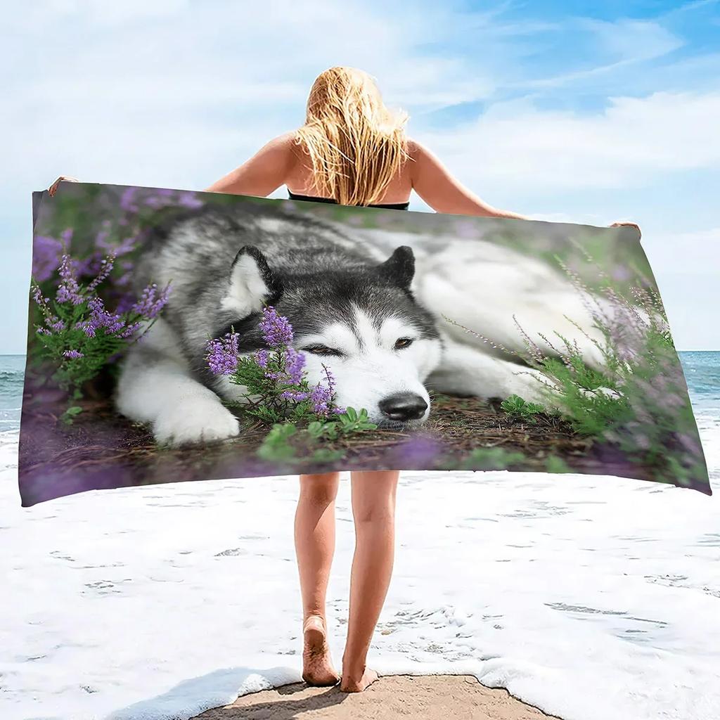 Lightweight Beach Towels Quick Dry, Husky Dog Soft Microfiber Sand Free Pool Bath Outdoor Travel Towel for Camping Swimming Yoga