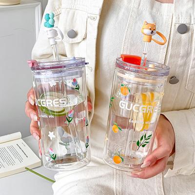 550ml Flower Glass Cup Transparent Glasses With Lid And Straw Bubble Tea Cup Ice Coffee Mug For Juice Milk Water Cups Drinkware