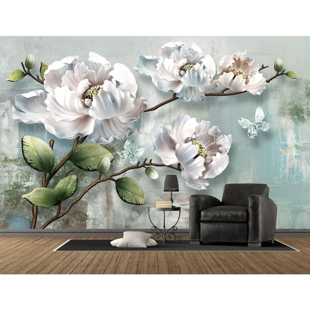 3D White Magnolia Butterfly Wall Mural Vintage Floral Wallpaper Bedroom Wall Decor