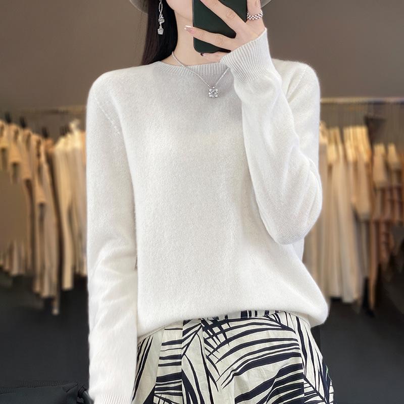 Women's 100% Wool Round Neck Sweater – Casual, Loose Knitwear, Minimalist Base Layer