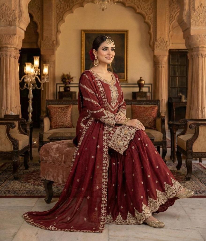 Indian Women Bollywood Heavy Chinon Salwar Suit Sharara Party Wear Designer Salwar Kameez Set