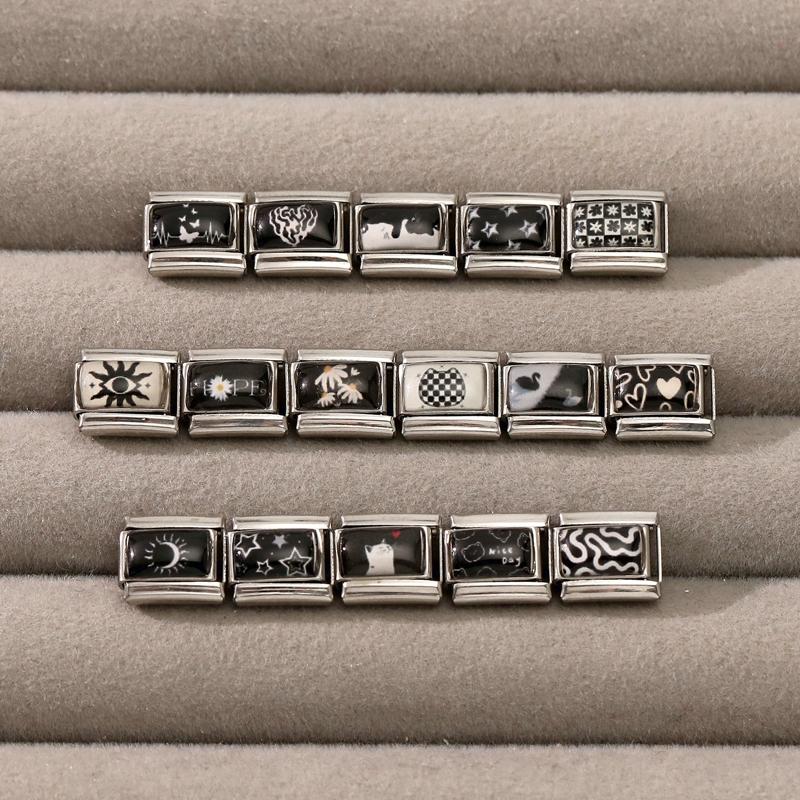 Y2K Creative Black Series Sun Moon Eye Heart Star Sunflower Cat Italian Charm Links Fit 9mm Stainless Steel Bracelet DIY Making