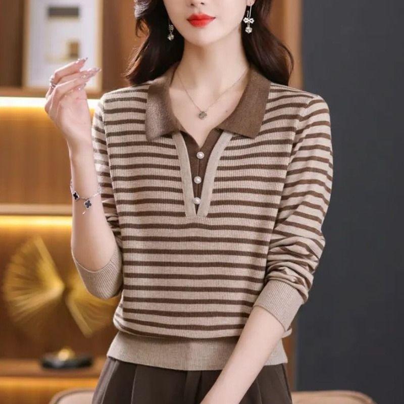 Spring Lapel Fake Two Piece Sweater Women's Panelled Stripe V-neck Button Fashion Loose Casual Patchwork Knitted Top