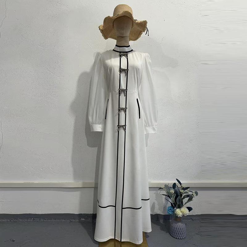 Ladies' Contrasting Round Neck Bow Decoration Long Dress with Slim Fit Temperament Spring and Summer New Women's Elegantlong Sleeved Dresses