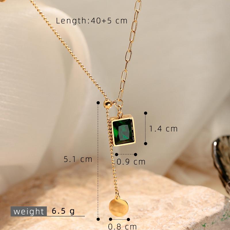 Women's Luxury Emerald Zircon Pendant Necklace, Stainless Steel Clavicle Chain