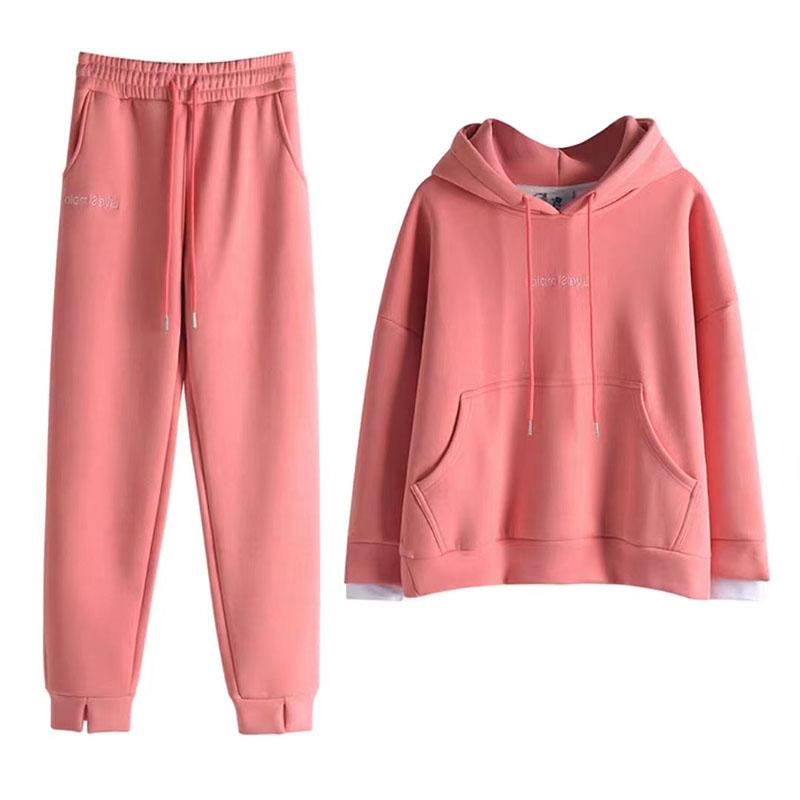 Autumn Winter New Suit Thickened Velvet Pullover Hooded Women's Suit Sports Casual Long Pants Hoodies Two-piece Set