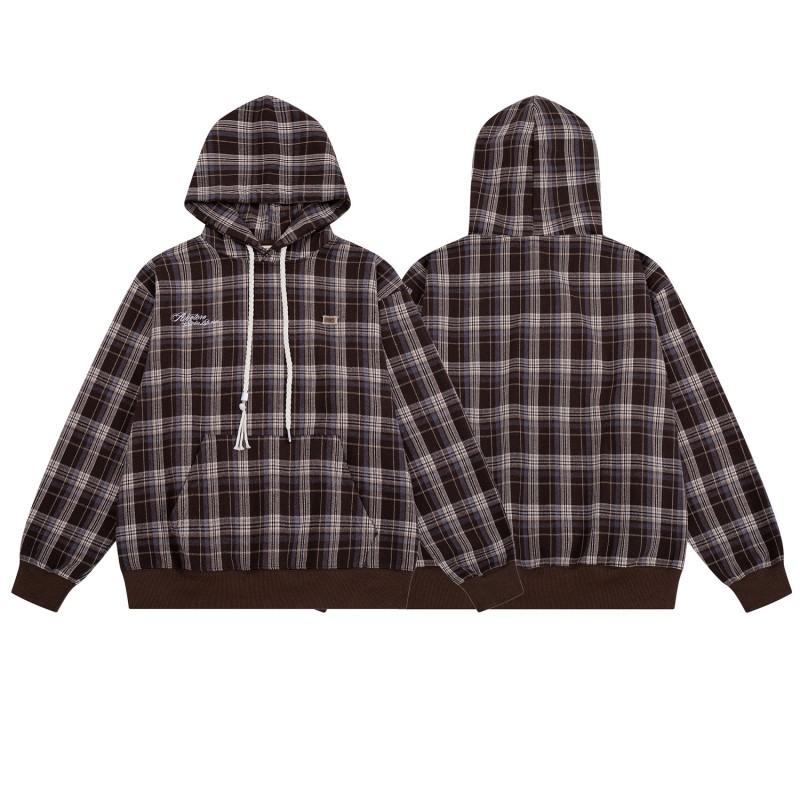 American Vintage Plaid Embroidered Hoodie Loose Fit Casual Pullover Men Women Couple